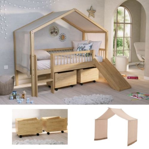 huisbed met bedhemel, glijbaan en lades, forrest collectie, eikenhouten kinderbedden, vipack, jaxx furniture