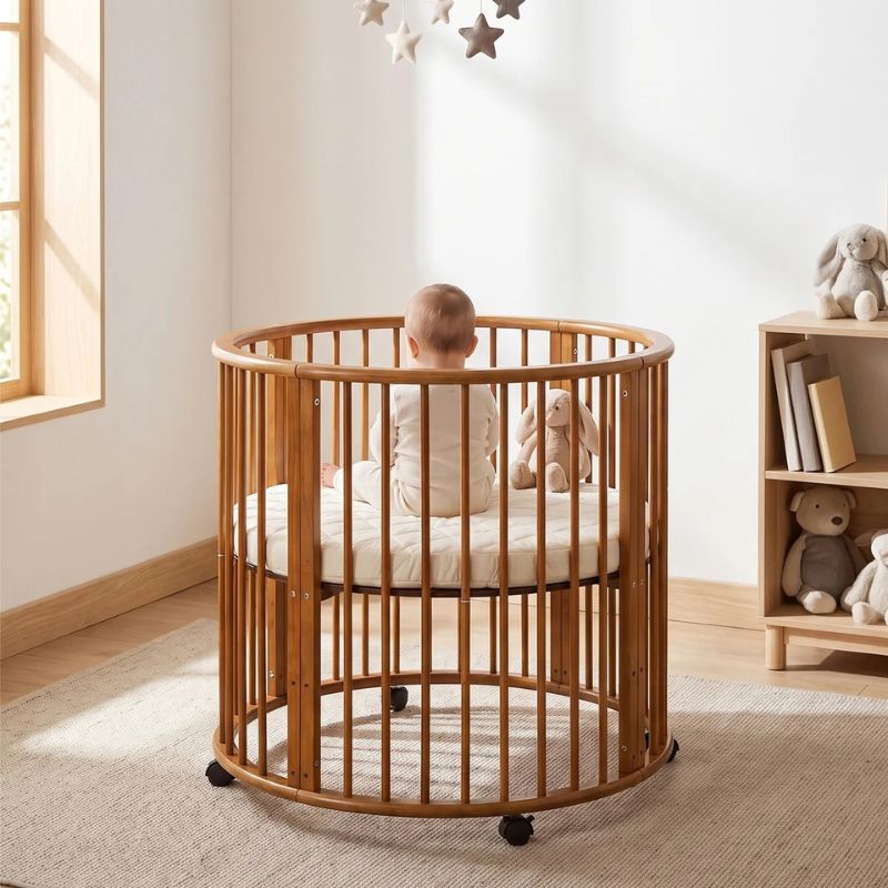 walnoot ronde box in japandi stijl, rond wiegje, box 85cm, inclusief rond boxmatras